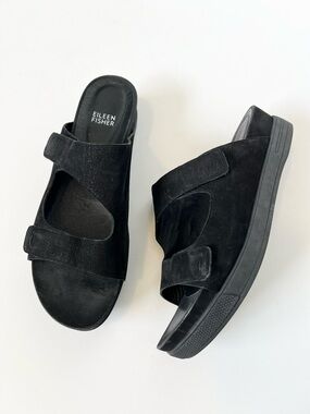 Eileen Fisher black leather platform slip on sandals Size 9 Minimalist Summer